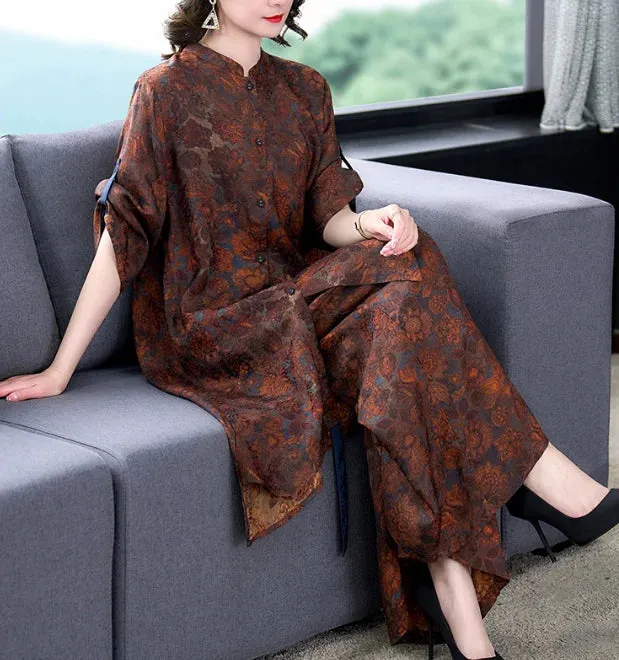 New Chinese Style Women's  Large Size Retro Printed Dress & Pants Set