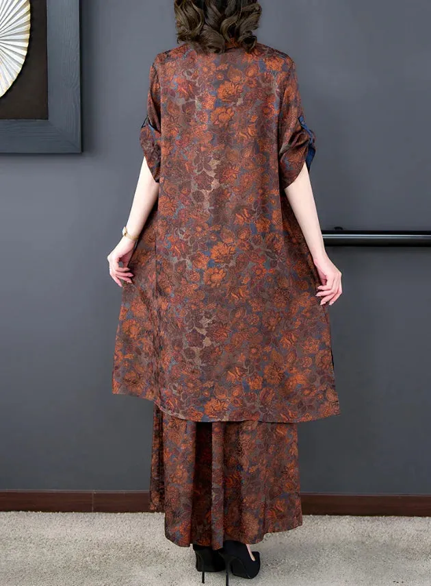 New Chinese Style Women's  Large Size Retro Printed Dress & Pants Set