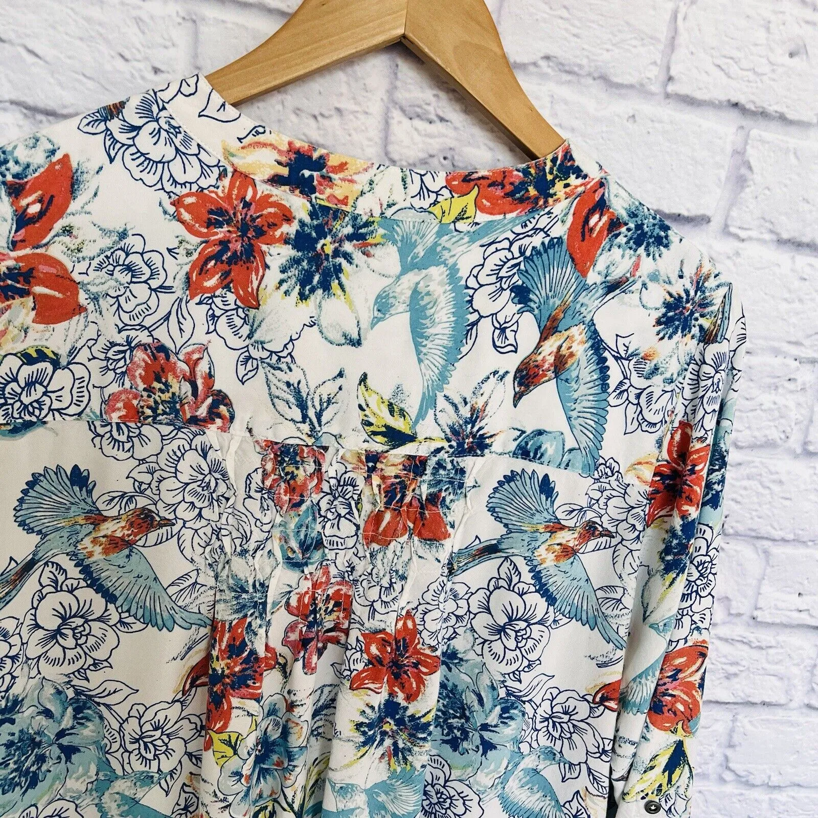 NINE WEST Womens Floral Tunic Blouse Top Sz L Long Sleeve White Flowy Boho