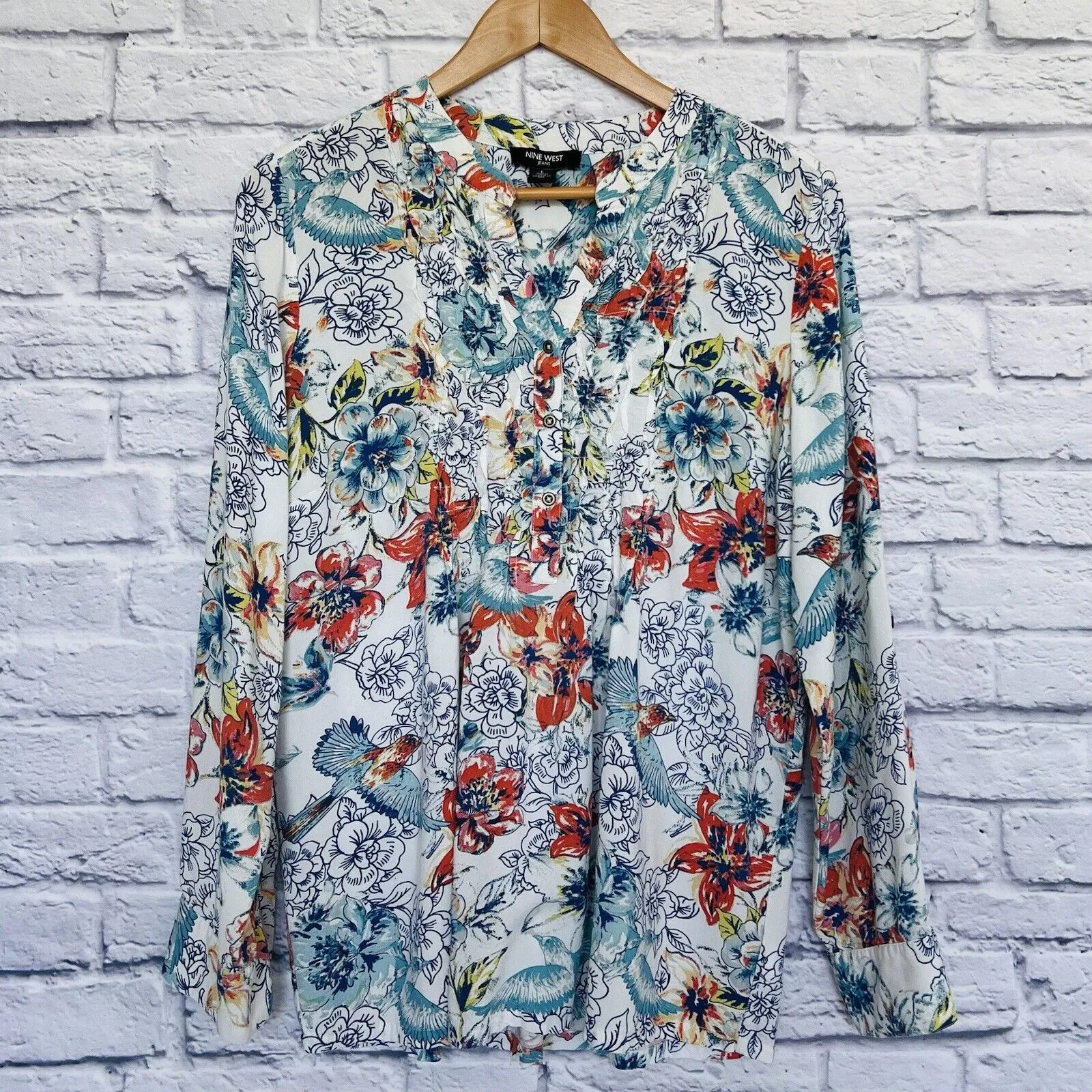 NINE WEST Womens Floral Tunic Blouse Top Sz L Long Sleeve White Flowy Boho