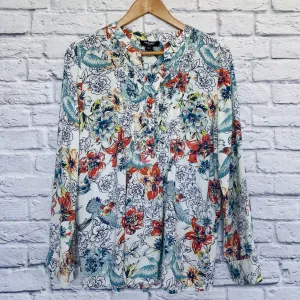 NINE WEST Womens Floral Tunic Blouse Top Sz L Long Sleeve White Flowy Boho