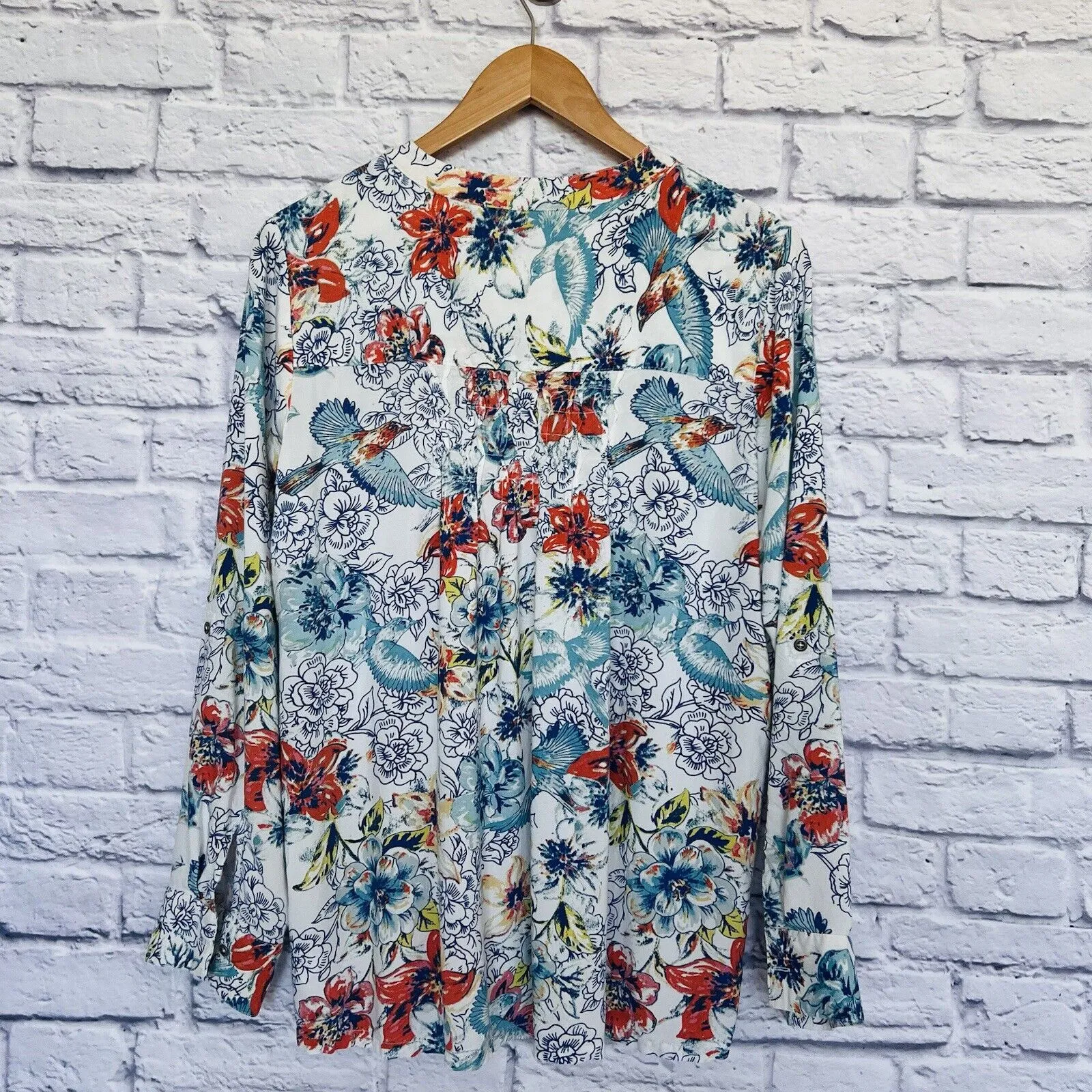 NINE WEST Womens Floral Tunic Blouse Top Sz L Long Sleeve White Flowy Boho