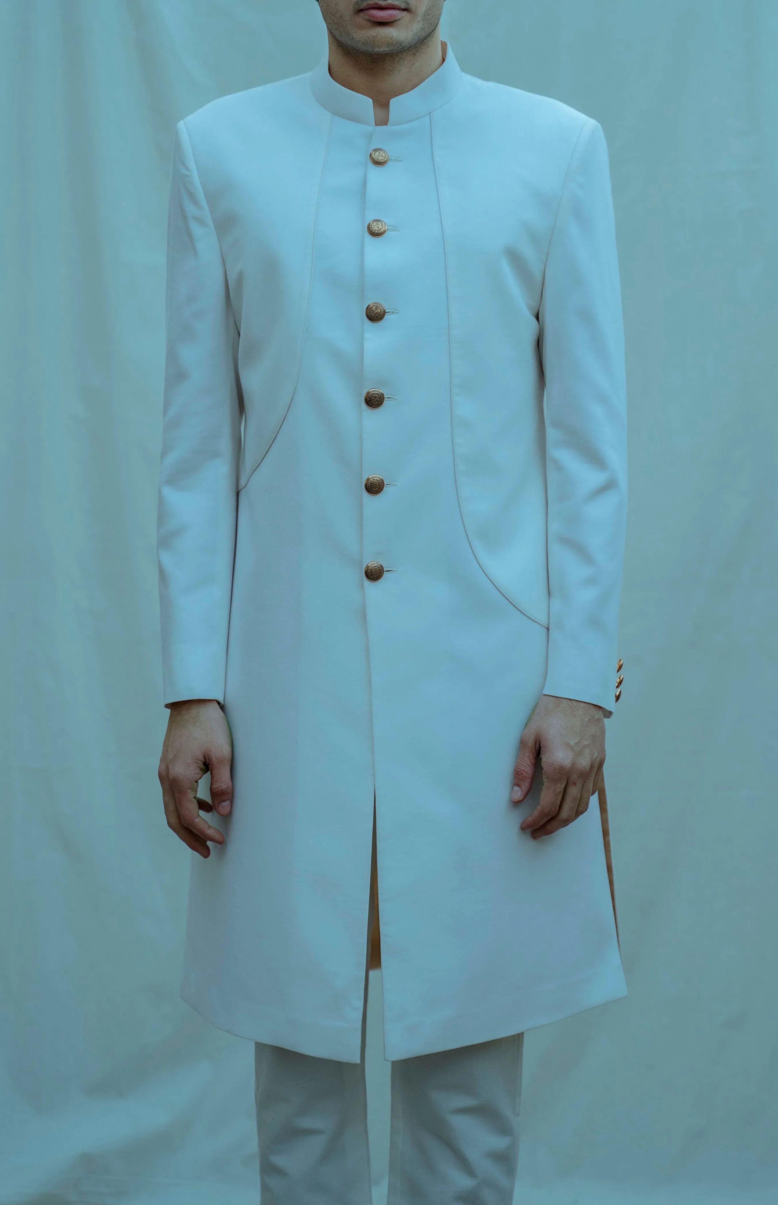 Off white Paneled Achkan Set