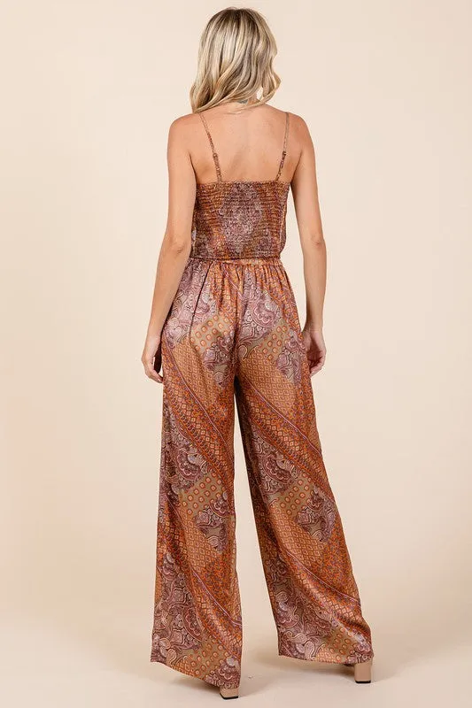 Patchwork Print Satin Wide Leg Pants in Hazelnut