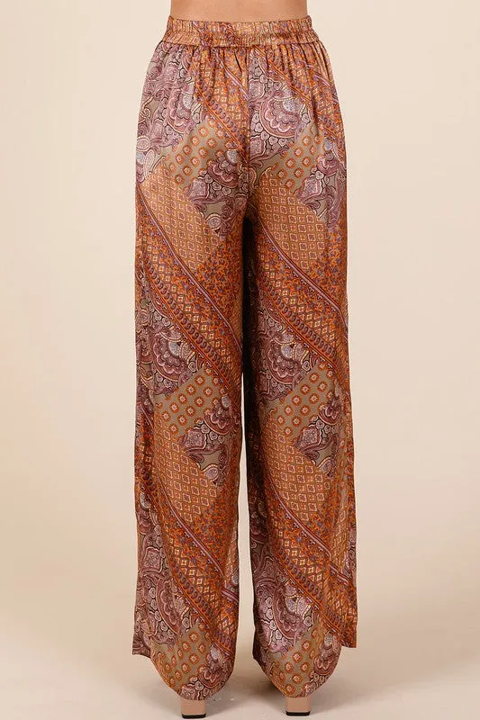 Patchwork Print Satin Wide Leg Pants in Hazelnut