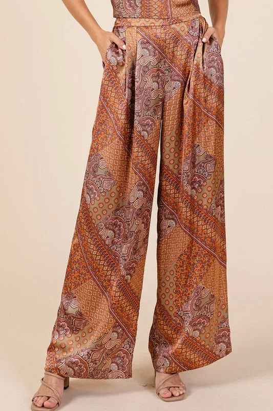 Patchwork Print Satin Wide Leg Pants in Hazelnut