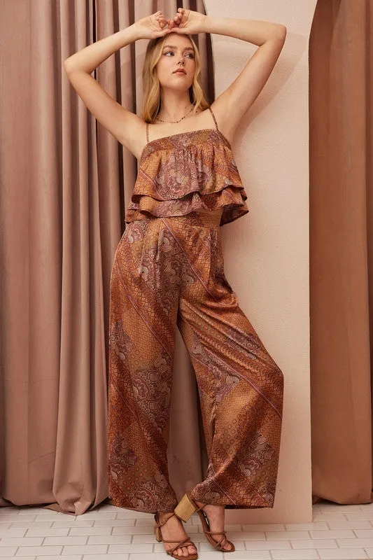 Patchwork Print Satin Wide Leg Pants in Hazelnut