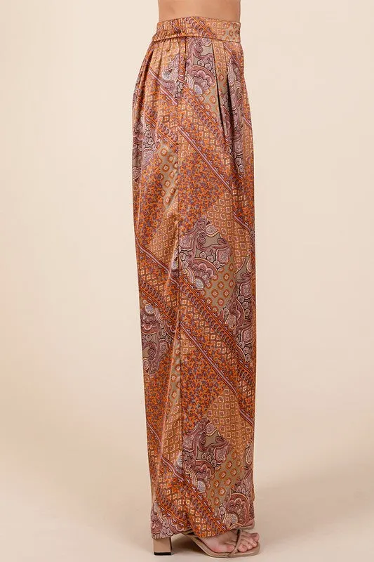 Patchwork Print Satin Wide Leg Pants in Hazelnut
