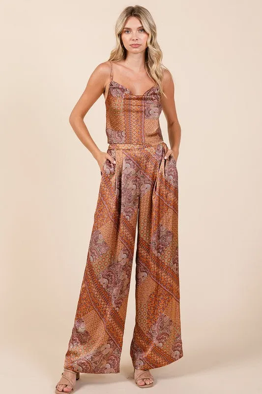 Patchwork Print Satin Wide Leg Pants in Hazelnut