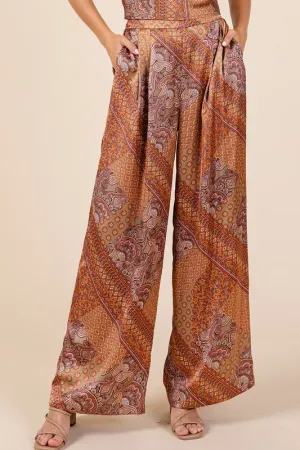 Patchwork Print Satin Wide Leg Pants in Hazelnut
