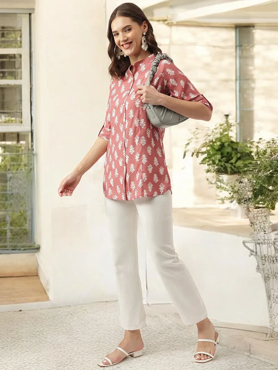 Peach Printed Modal Chanderi Top