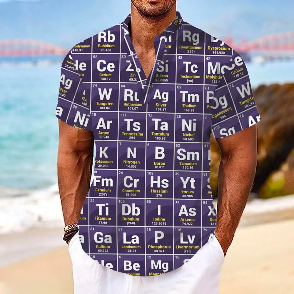 Periodic table printed stand-up collar short-sleeved shirt 2408003114