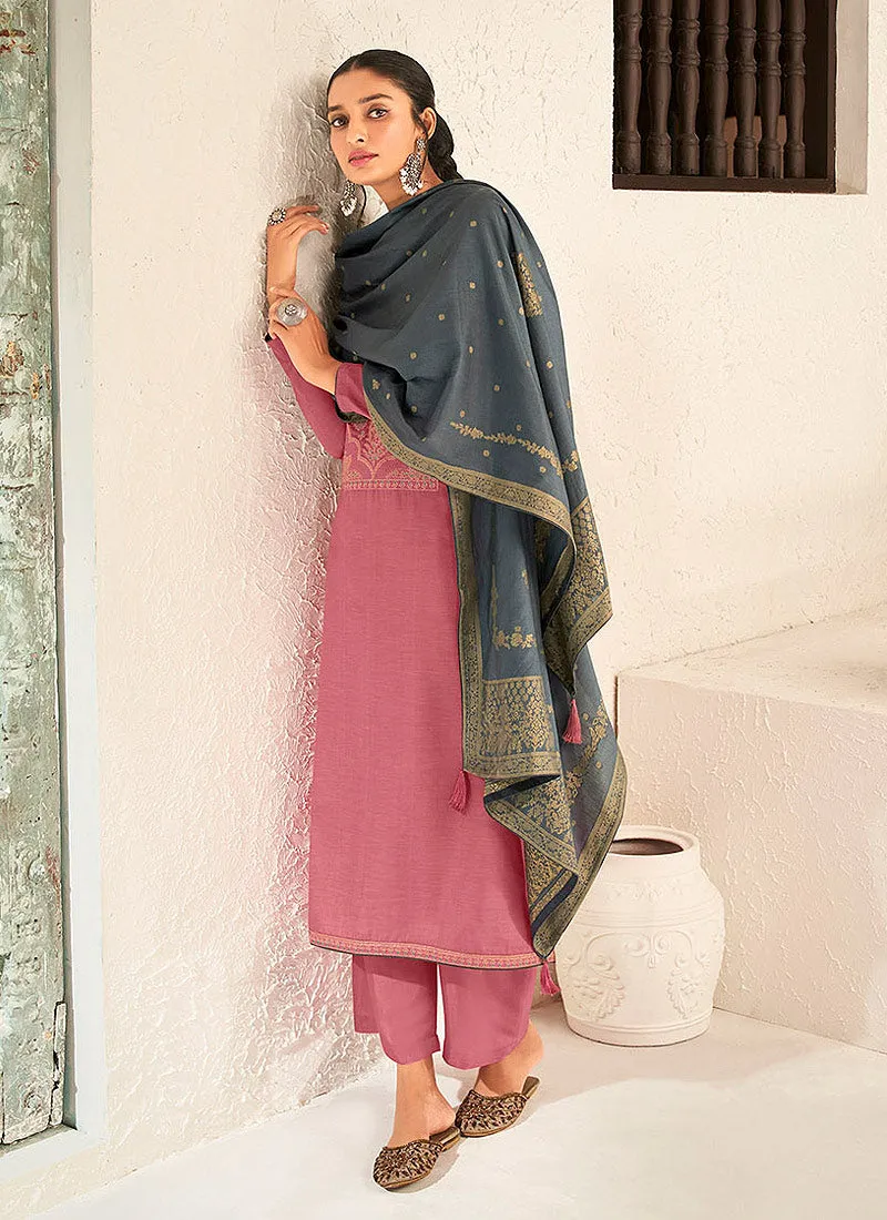 Pink And Grey Embellished Pant Suit