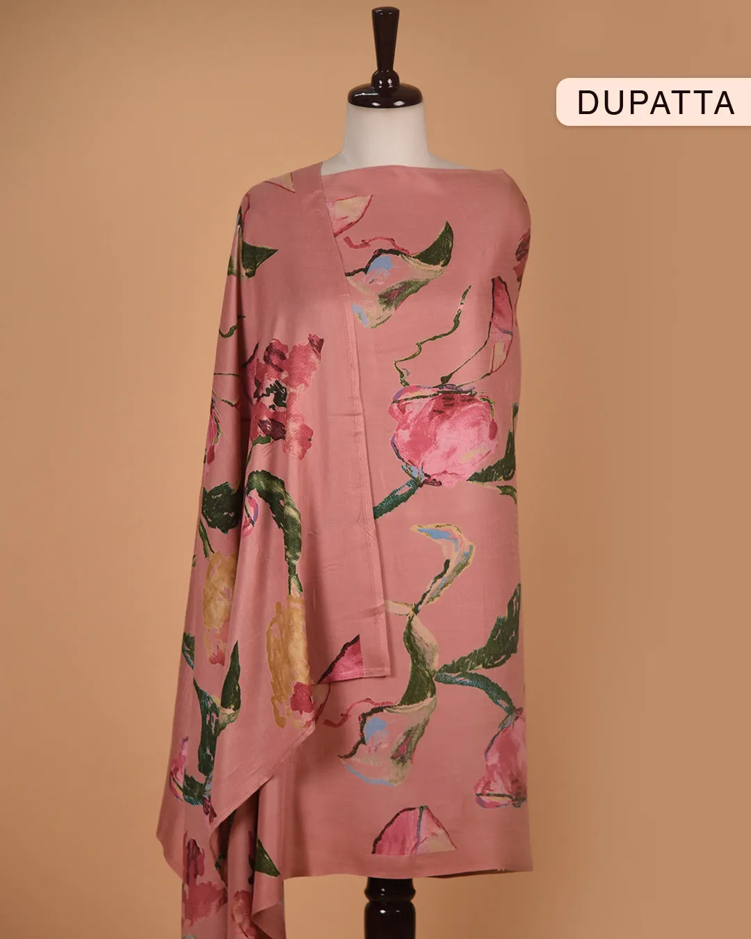 Pink Spun Viscose Blend Printed With Embroidery Unstitched Suit Fabric Set With Spun Viscose Dupatta