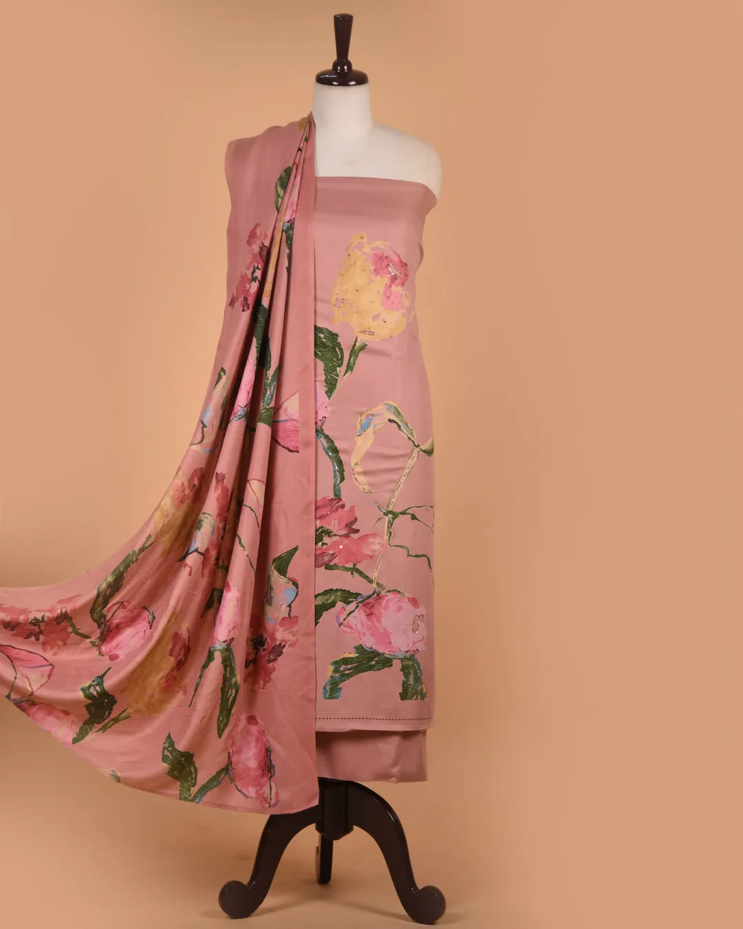 Pink Spun Viscose Blend Printed With Embroidery Unstitched Suit Fabric Set With Spun Viscose Dupatta