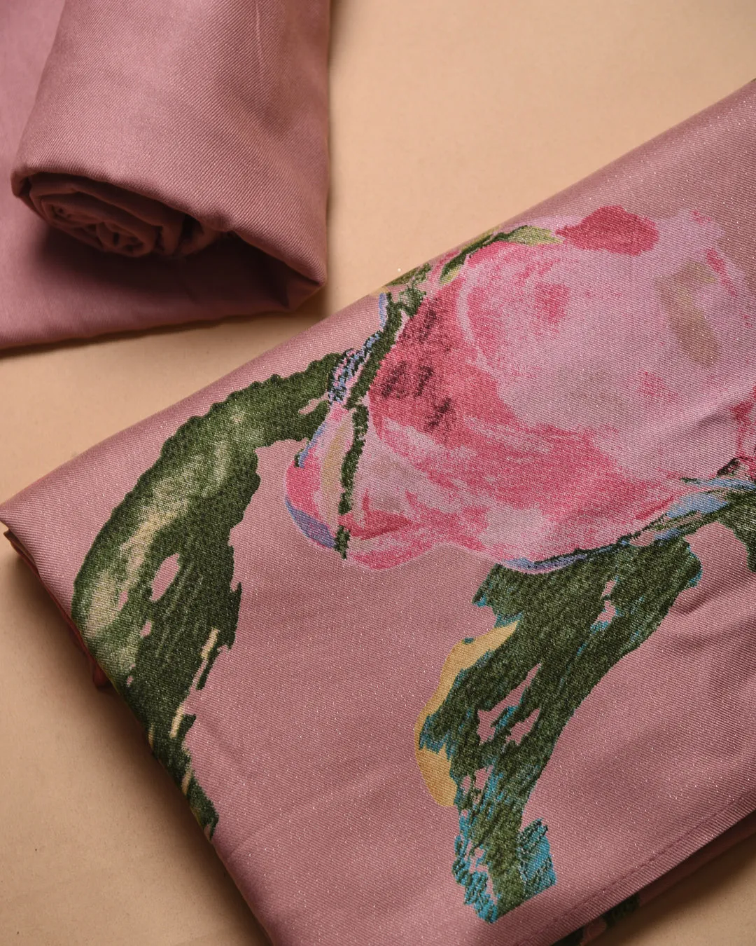 Pink Spun Viscose Blend Printed With Embroidery Unstitched Suit Fabric Set With Spun Viscose Dupatta