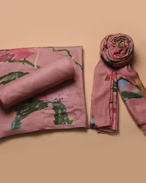 Pink Spun Viscose Blend Printed With Embroidery Unstitched Suit Fabric Set With Spun Viscose Dupatta