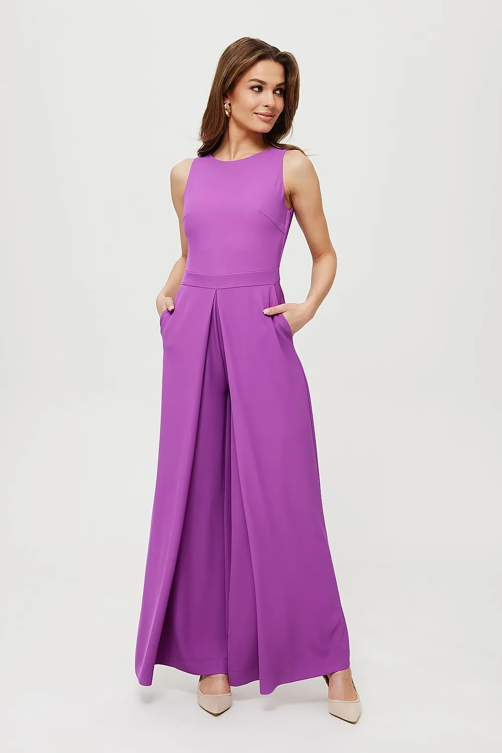 Pleated Wide-Leg Fitted Jumpsuit