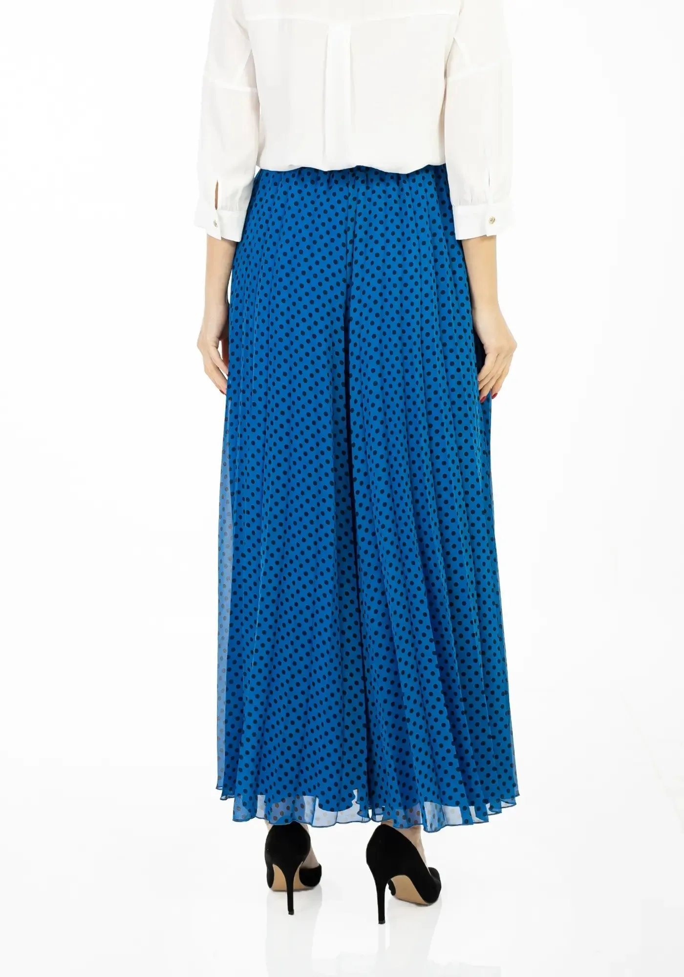 Polka Dot Pleated Chiffon Wide Leg Pants: High-Waisted and Regular Fit
