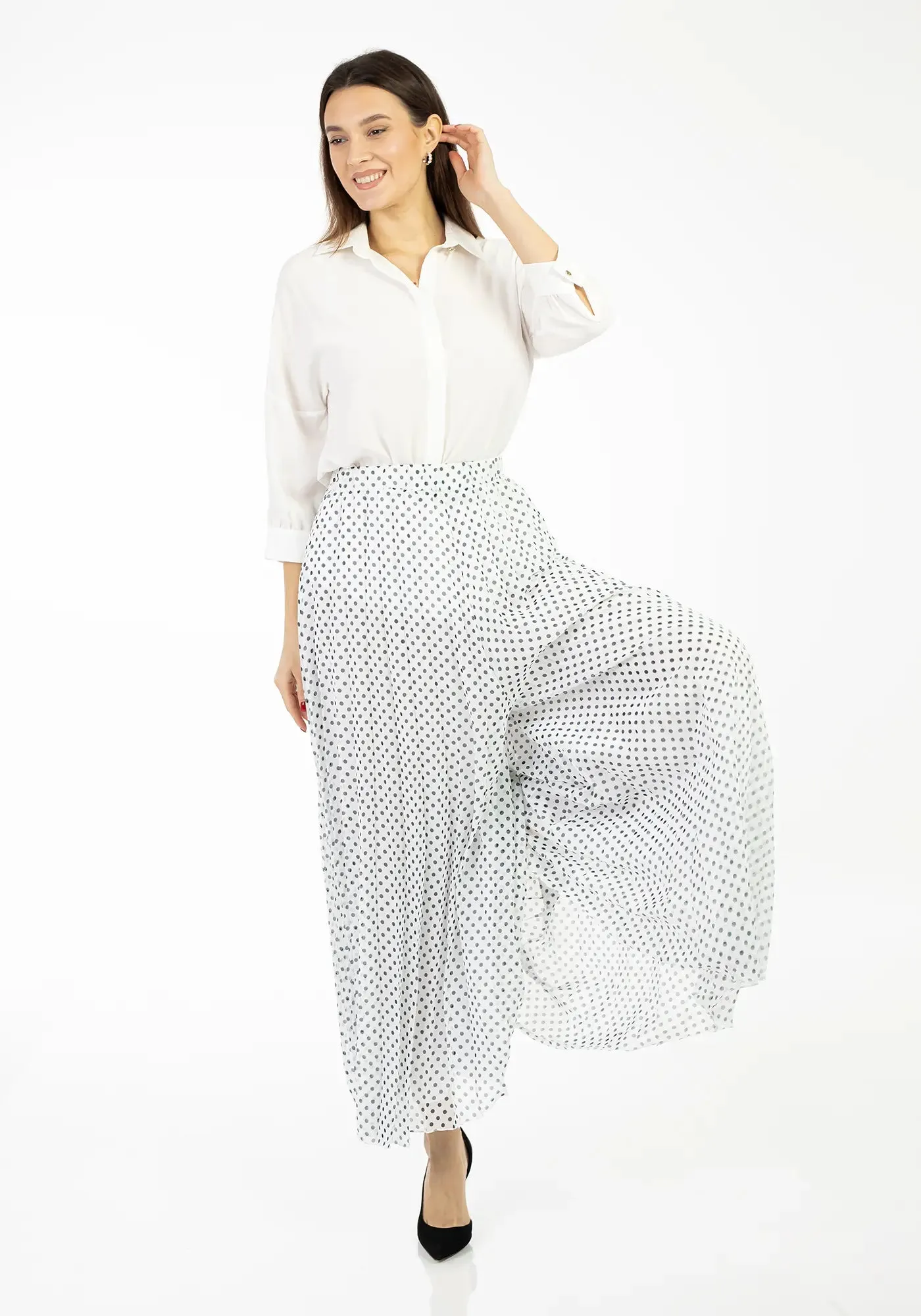 Polka Dot Pleated Chiffon Wide Leg Pants: High-Waisted and Regular Fit