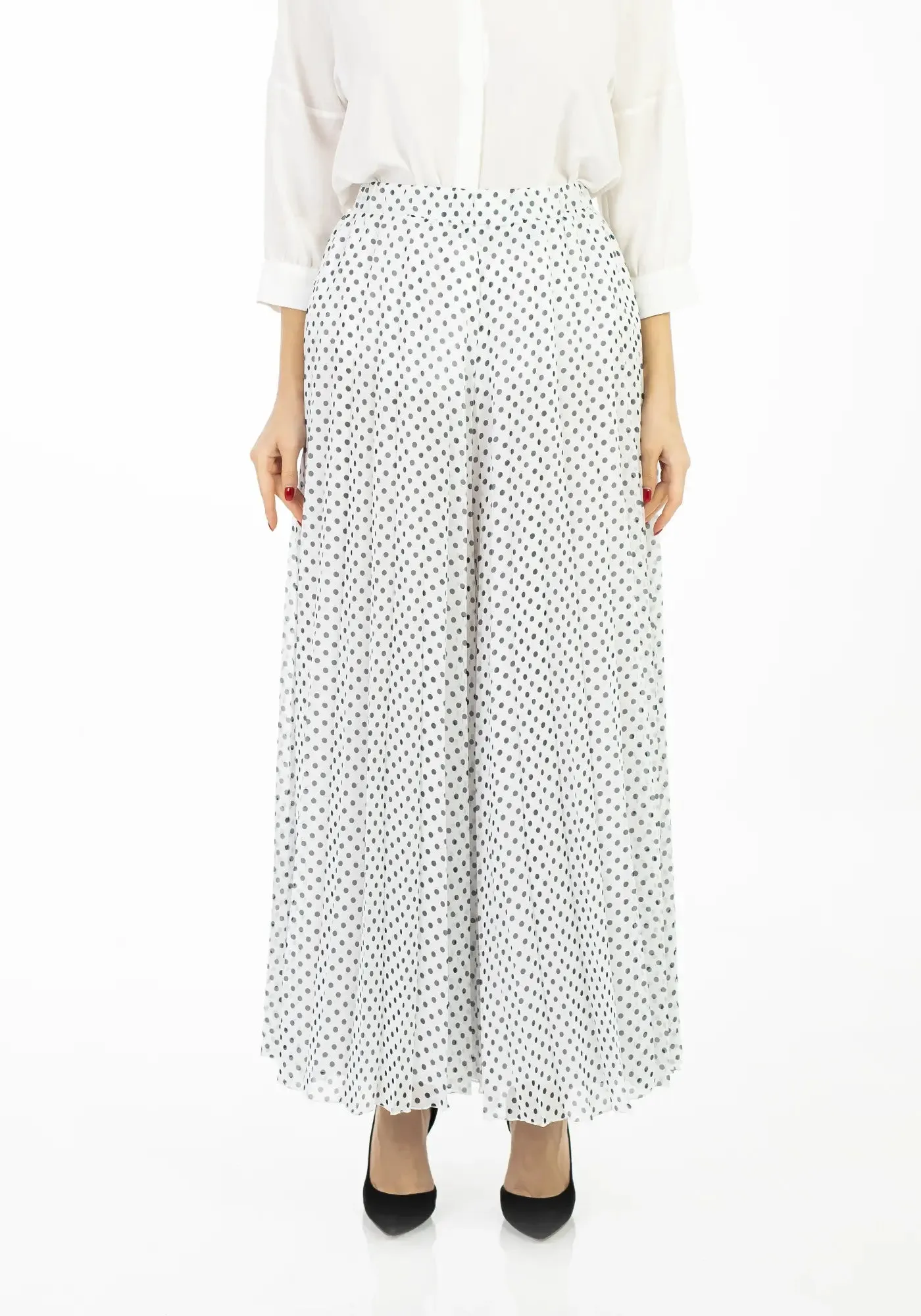 Polka Dot Pleated Chiffon Wide Leg Pants: High-Waisted and Regular Fit