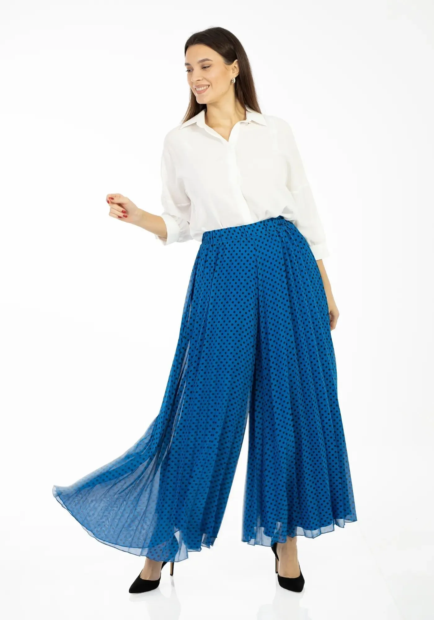 Polka Dot Pleated Chiffon Wide Leg Pants: High-Waisted and Regular Fit