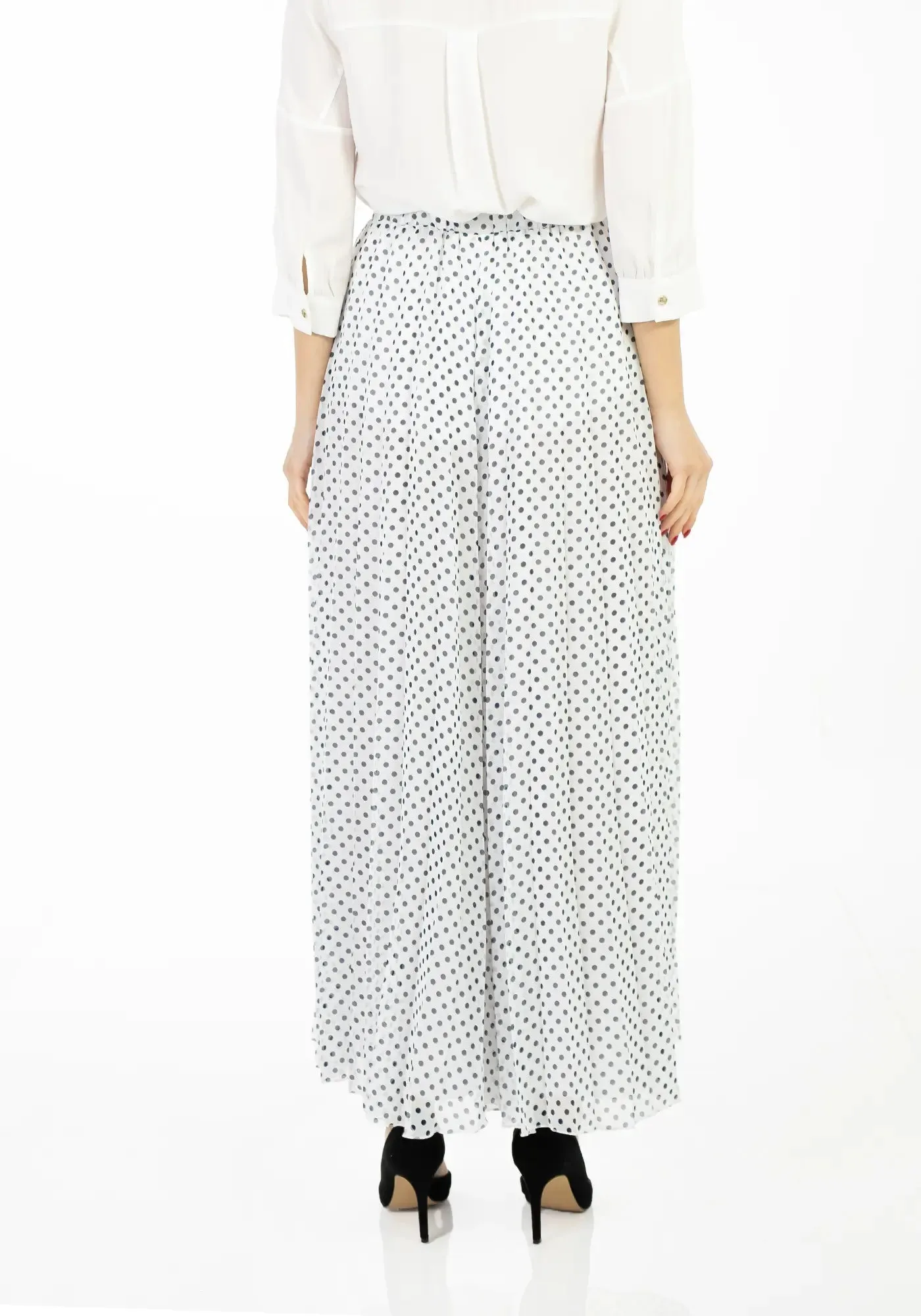 Polka Dot Pleated Chiffon Wide Leg Pants: High-Waisted and Regular Fit