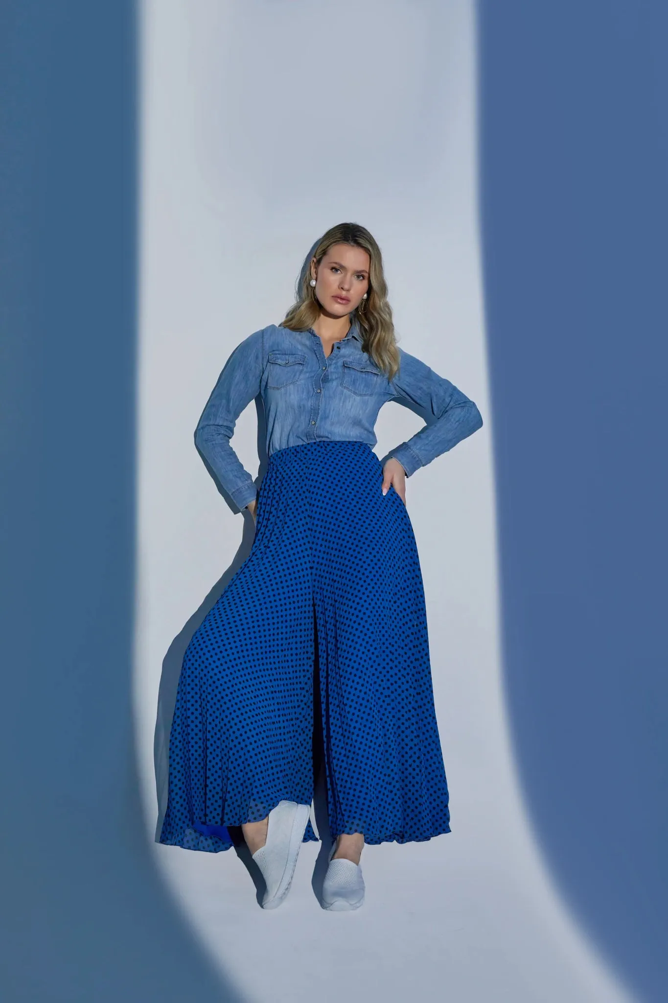 Polka Dot Pleated Chiffon Wide Leg Pants: High-Waisted and Regular Fit