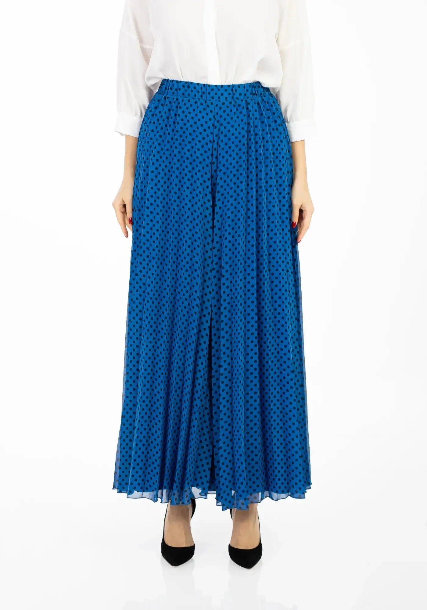Polka Dot Pleated Chiffon Wide Leg Pants: High-Waisted and Regular Fit