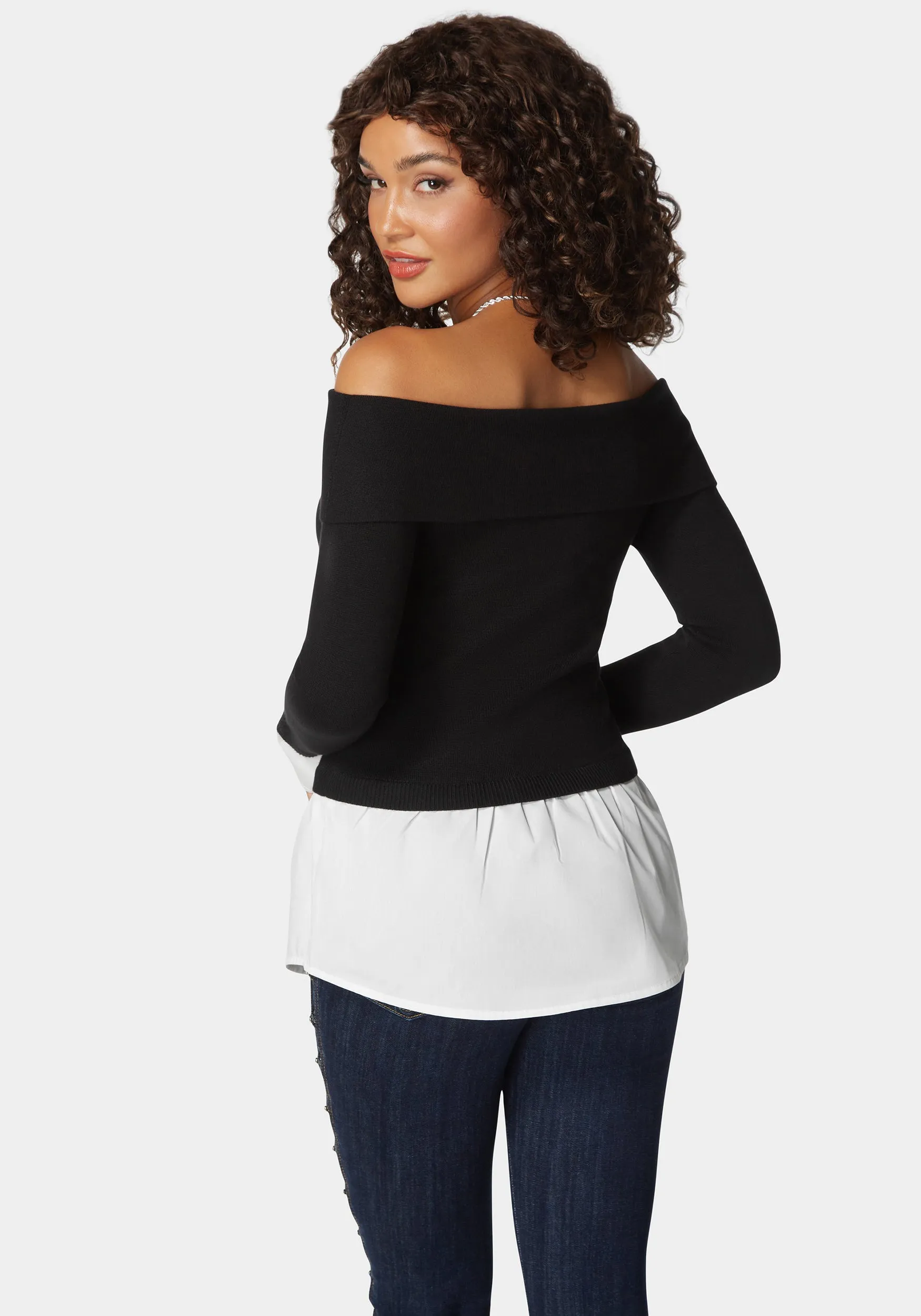 Poplin Combo Fold Over Off Shoulder Sweater Top