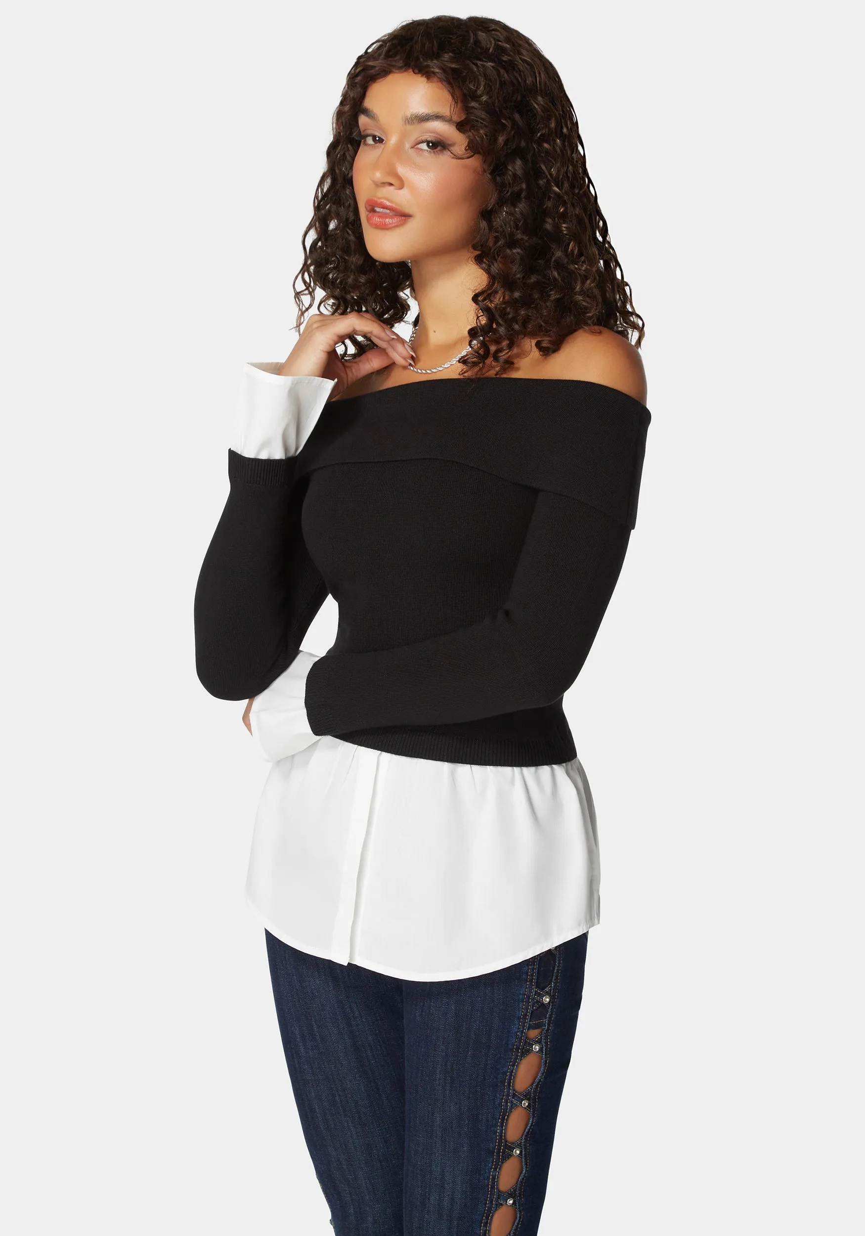 Poplin Combo Fold Over Off Shoulder Sweater Top