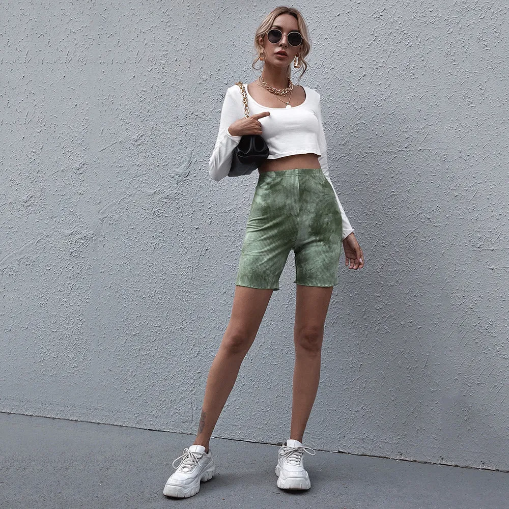 popular spot  New hot-selling shorts, green tie-dye tight versatile women's five-point cycling pants