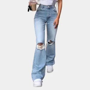 Primavera - elegant women's trousers with a high waist and a fashionable ribbed look