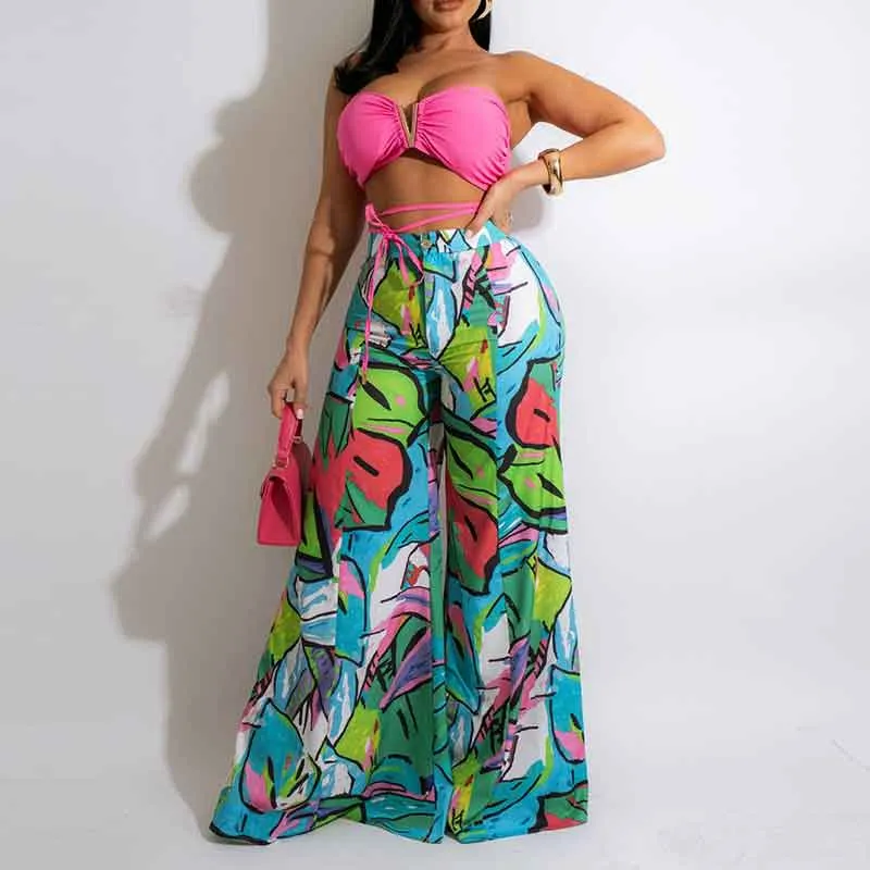 Print Bandage Tube Top & Wide Leg Pants Set