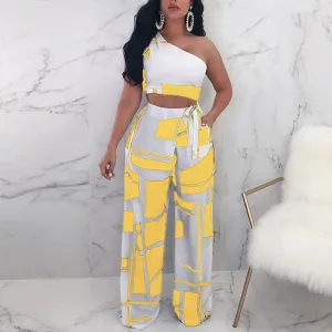 Printed One Shoulder Tied Two Piece Set