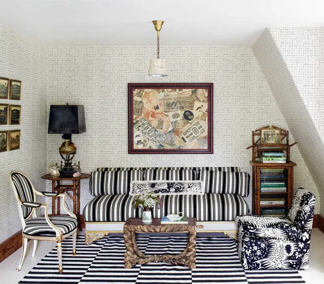 Quadrille Fabric: Lane Stripe  - Custom Navy on Tinted Belgian Linen / Cotton