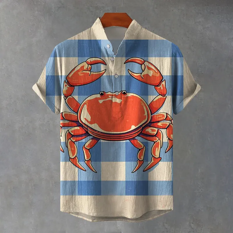 Retro Crab Check Print Casual Henley Shirt