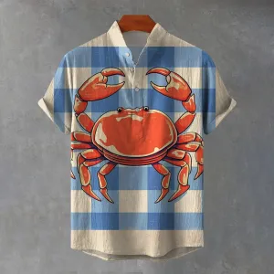 Retro Crab Check Print Casual Henley Shirt