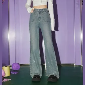 Reverse wear new 2025n retro micro-flared jeans high waist and thin washed blue pocket hot diamond pants women