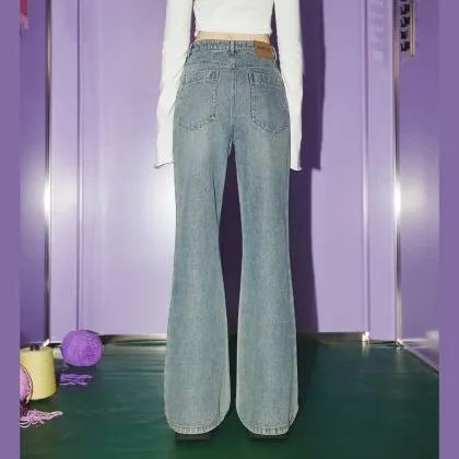 Reverse wear new 2025n retro micro-flared jeans high waist and thin washed blue pocket hot diamond pants women