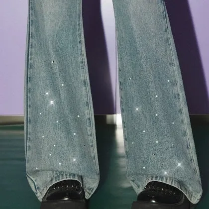 Reverse wear new 2025n retro micro-flared jeans high waist and thin washed blue pocket hot diamond pants women