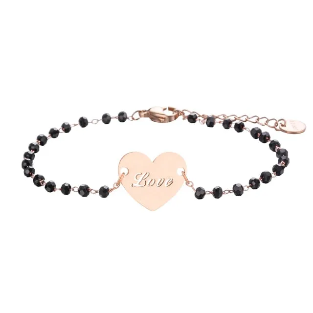 Rose Gold Clover Stainless Steel Charm Bracelets Crystal Beads for Women