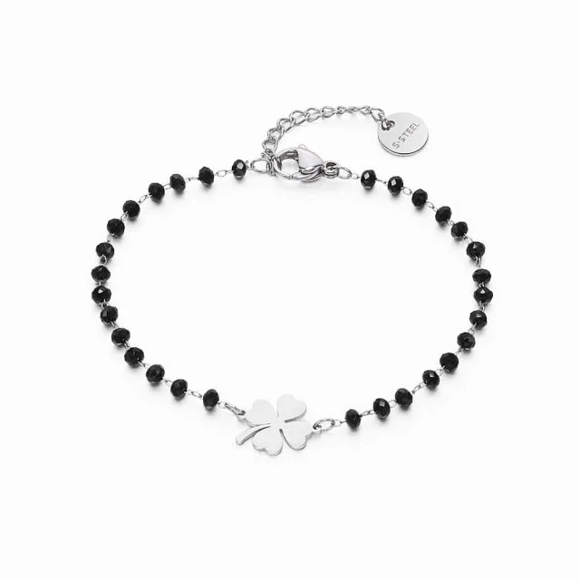 Rose Gold Clover Stainless Steel Charm Bracelets Crystal Beads for Women