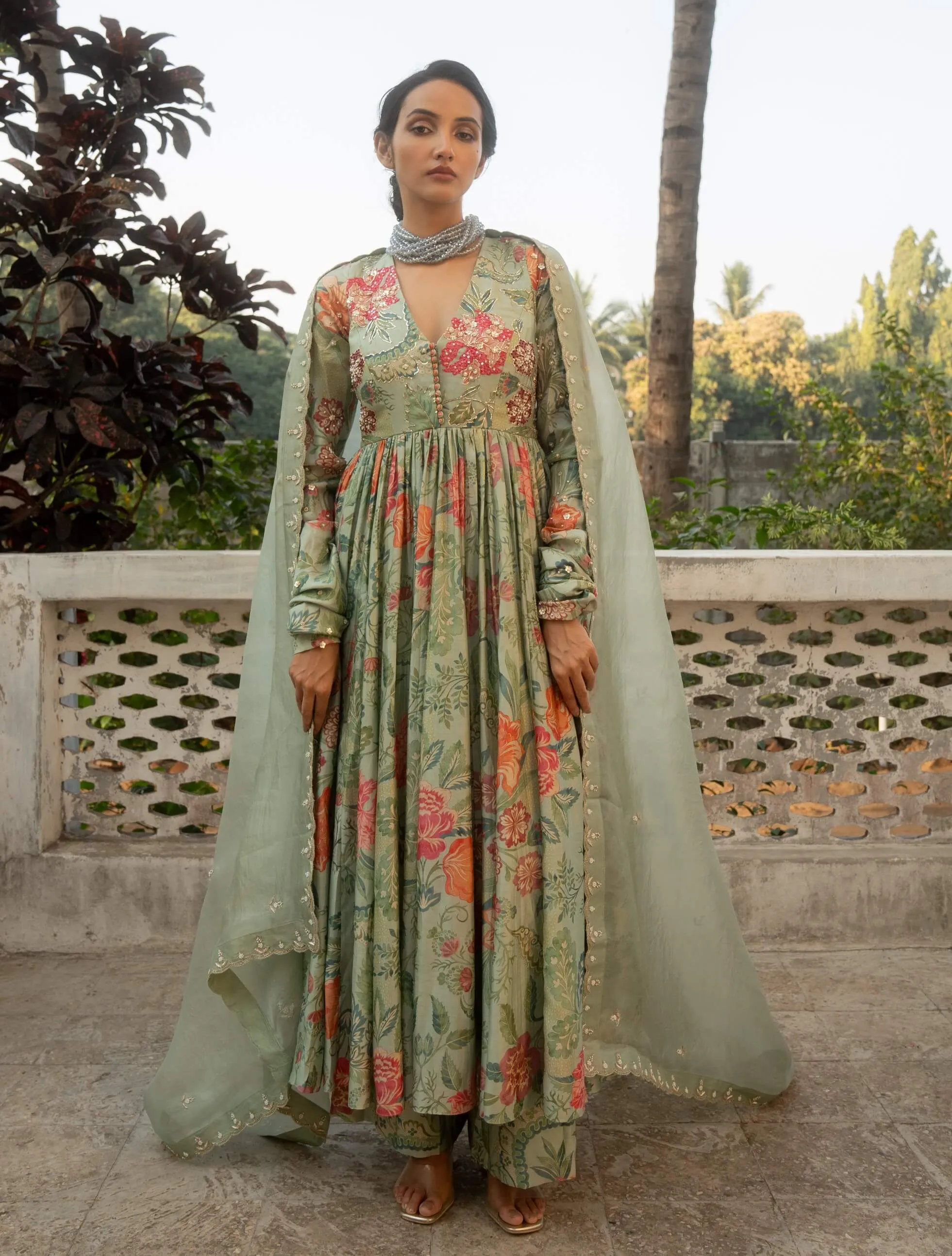 Sage blue embroidered anarkali set