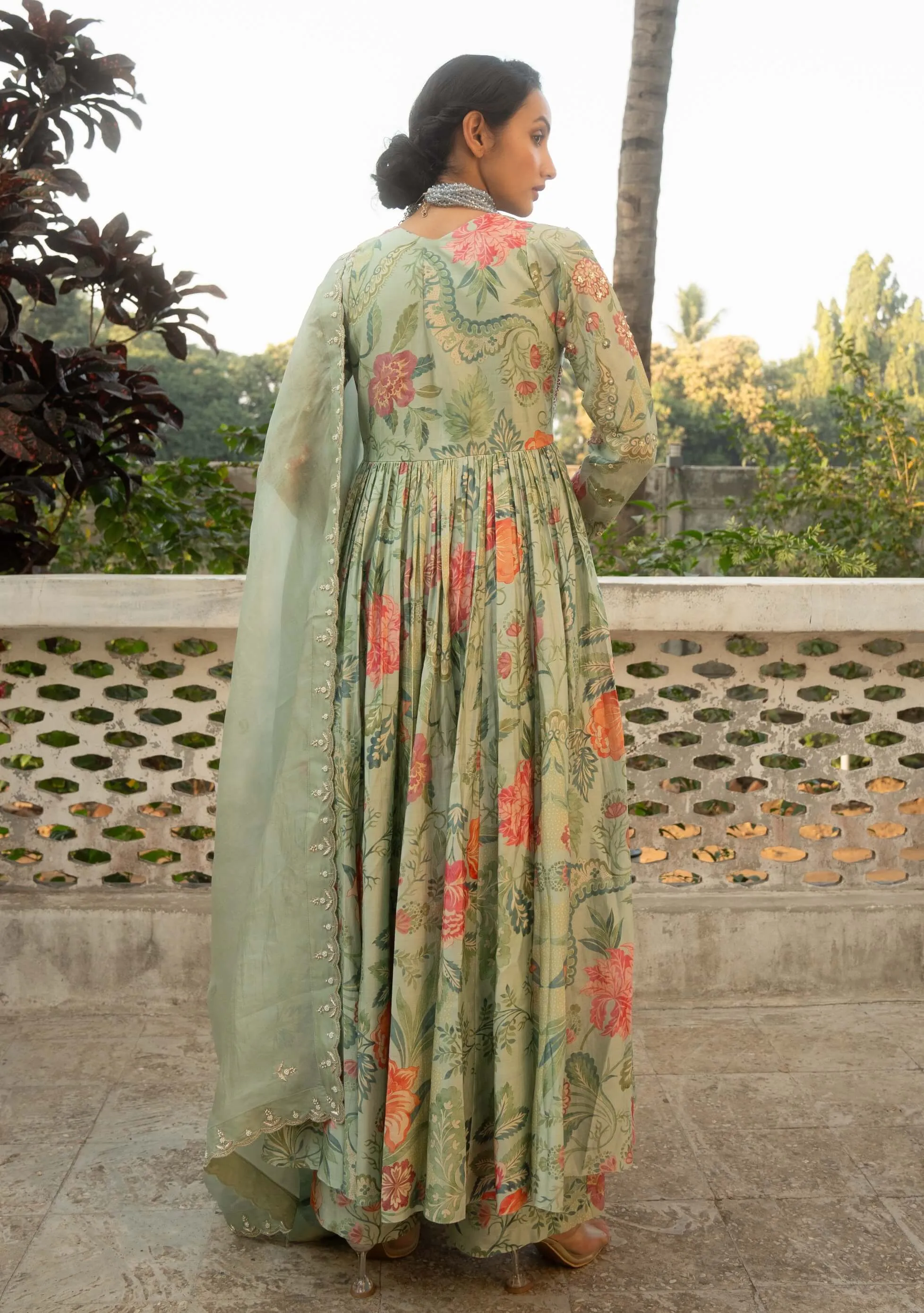 Sage blue embroidered anarkali set