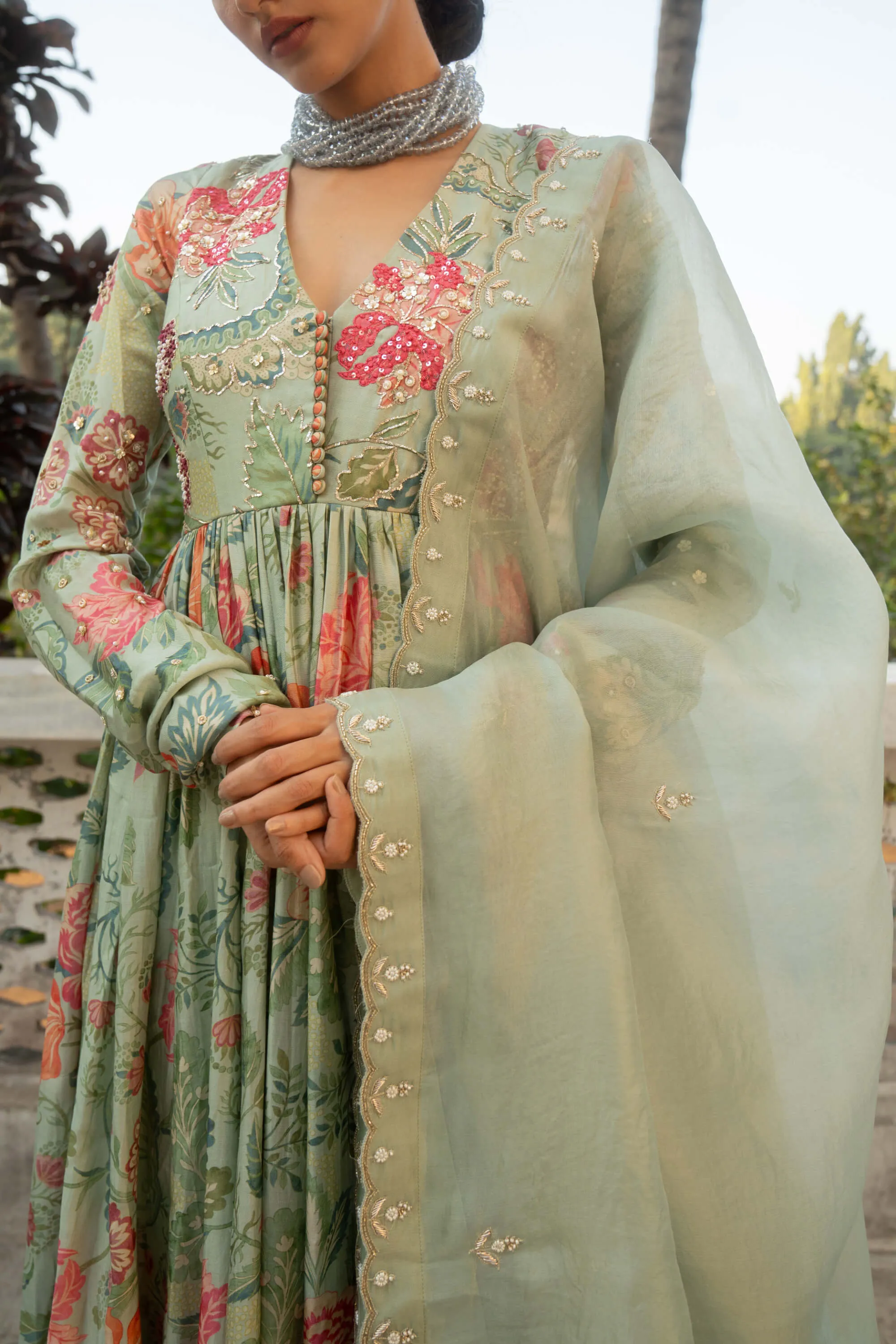 Sage blue embroidered anarkali set