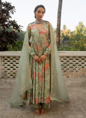 Sage blue embroidered anarkali set