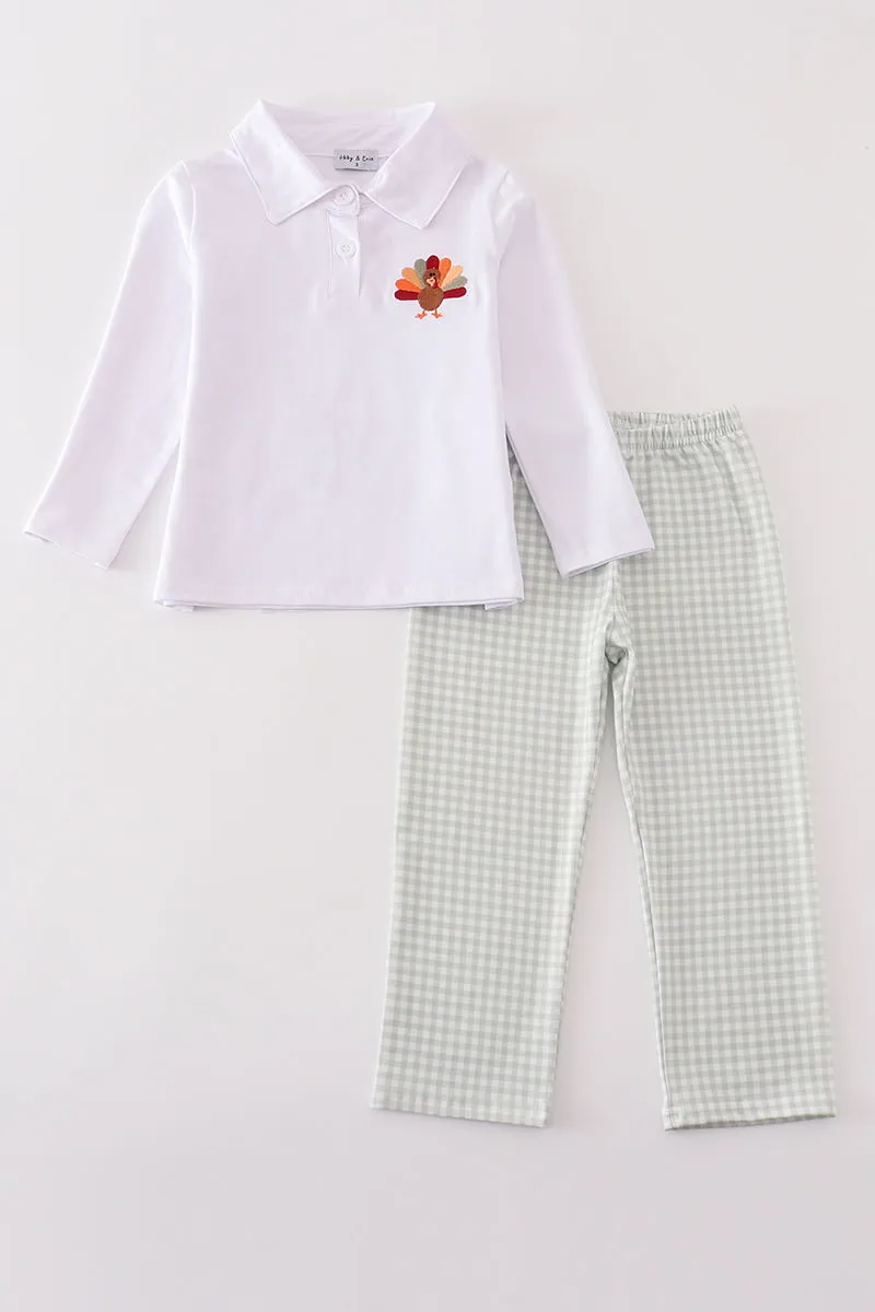 Sage Turkey Embroidery Gingham Boy Pants Set