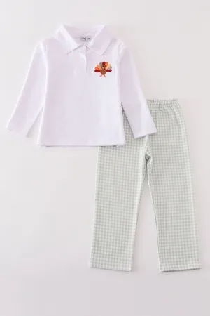 Sage Turkey Embroidery Gingham Boy Pants Set