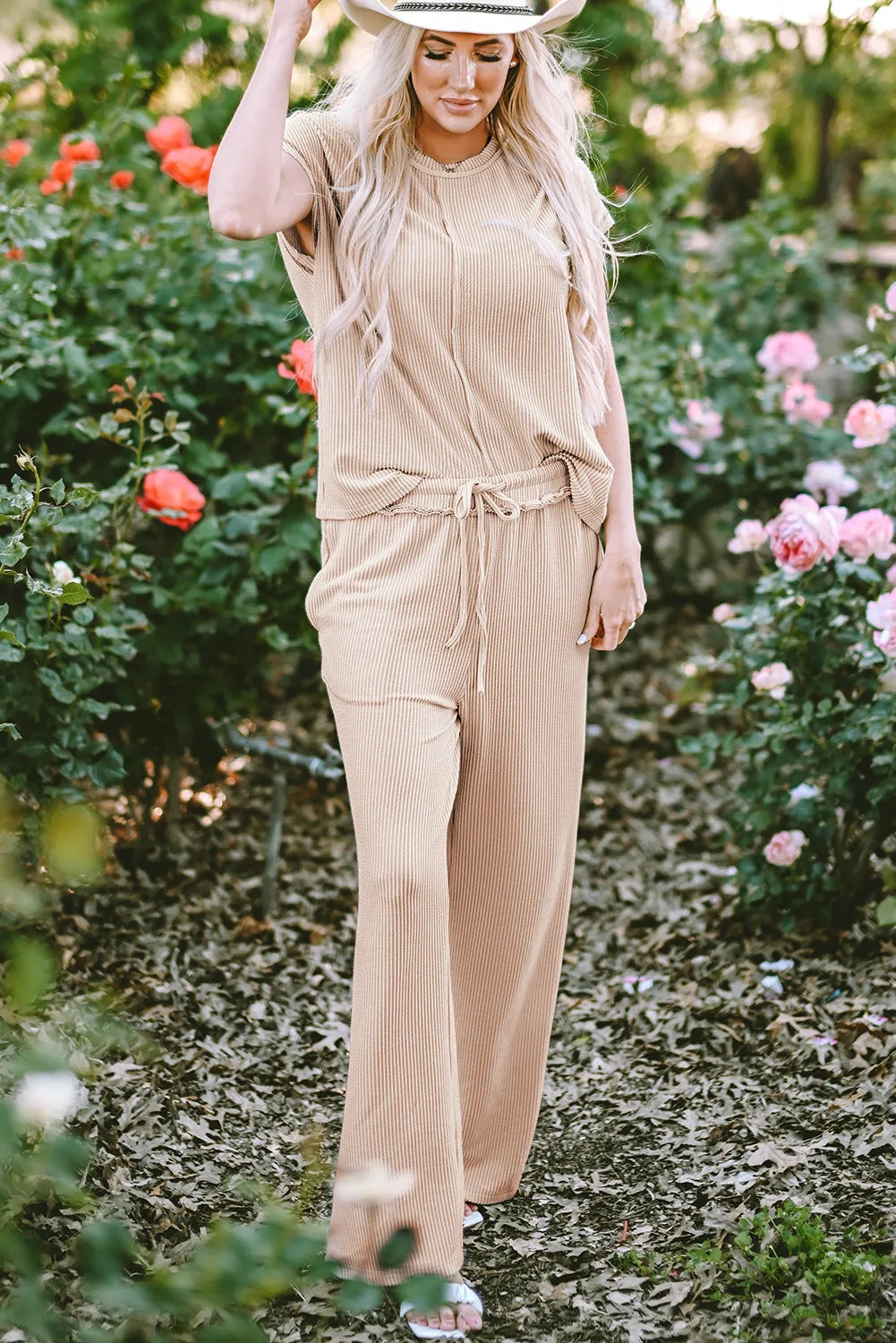 Seam Ribbed Tee Pants Two-piece Outfit